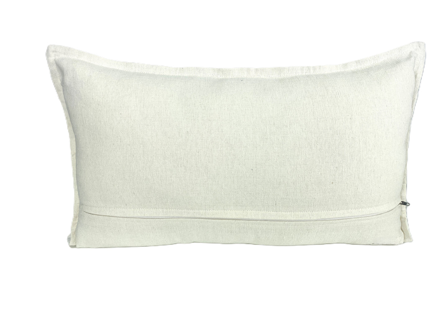 White linen cotton blend cushion cover with aqua floral patterns on a white background back view