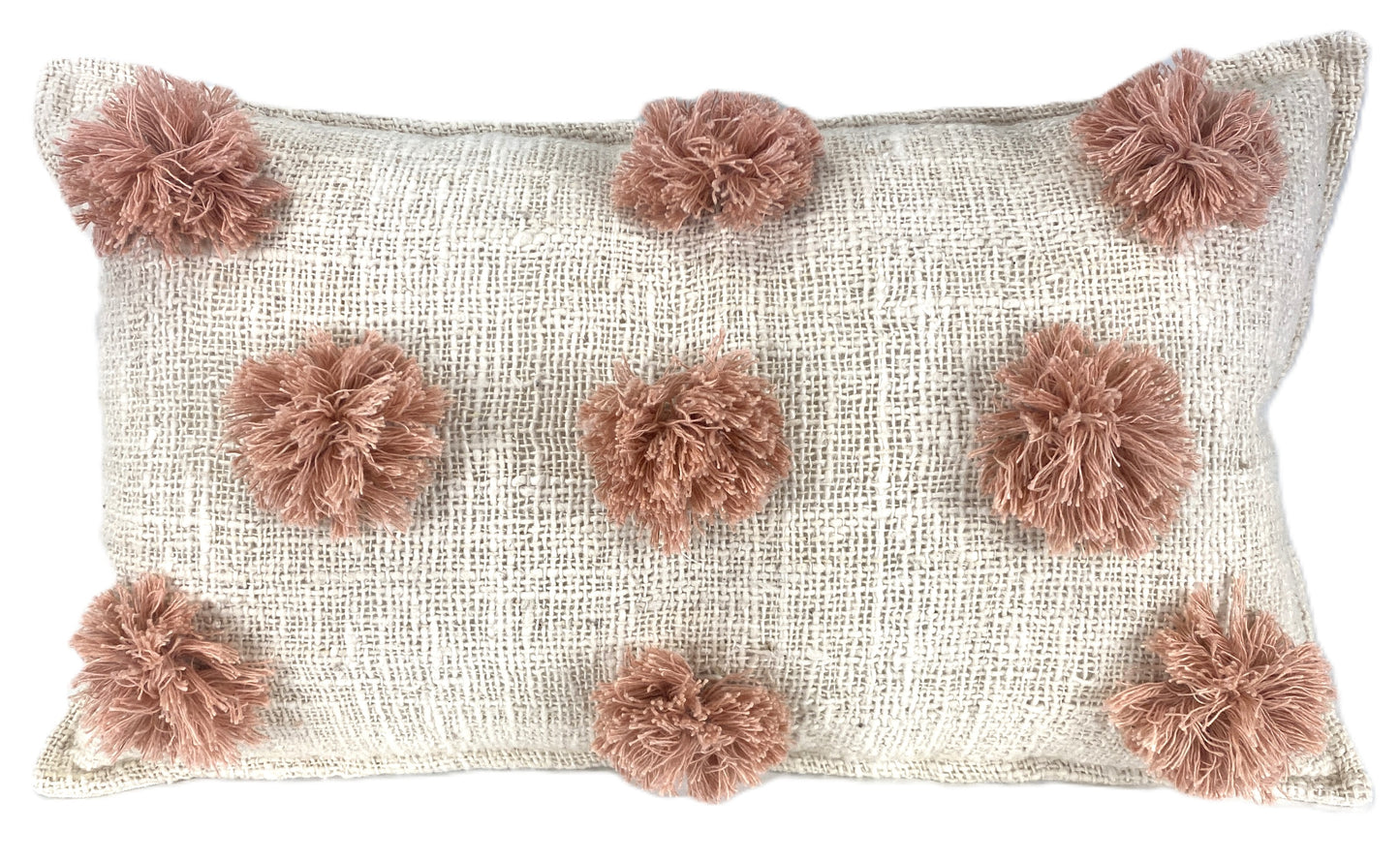 Thick Cotten Weave Decorative Scatter Cushion with Pink Fluffy Pom Poms