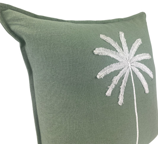 Soft linen cotton blend - cushion - embroidered - palm tree- side view-50x50cm-palm soft collection