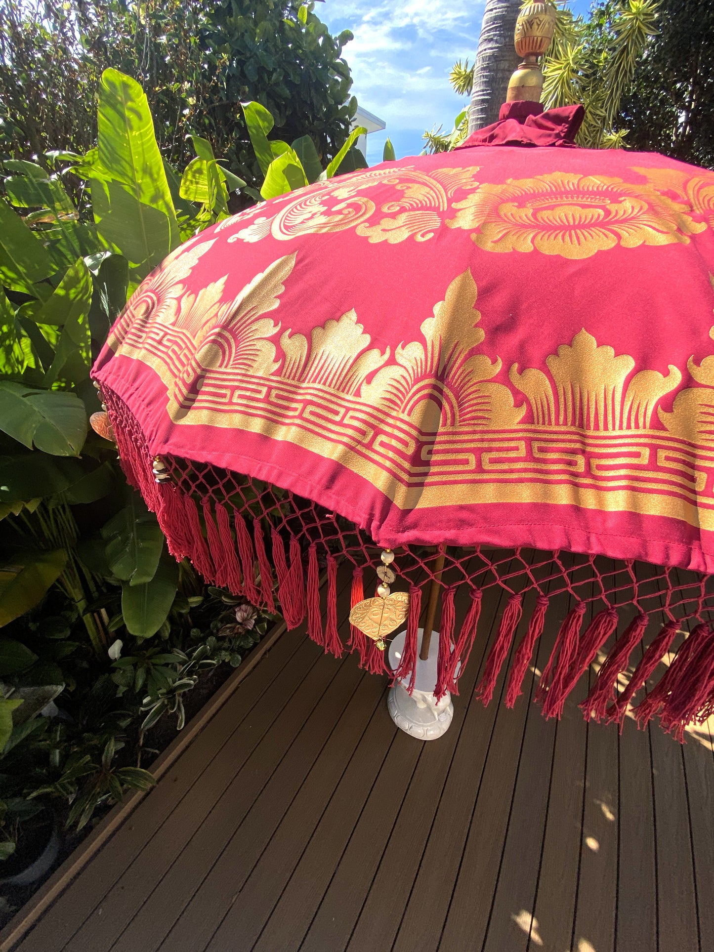 Balinese Umbrella - Red & Gold - With Pattern (2 pc Teak stick)