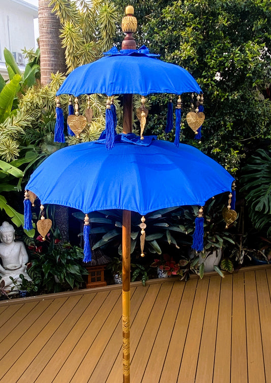 Balinese Umbrella - Royal Blue & Gold - Double ( 2 pc Teak stick)