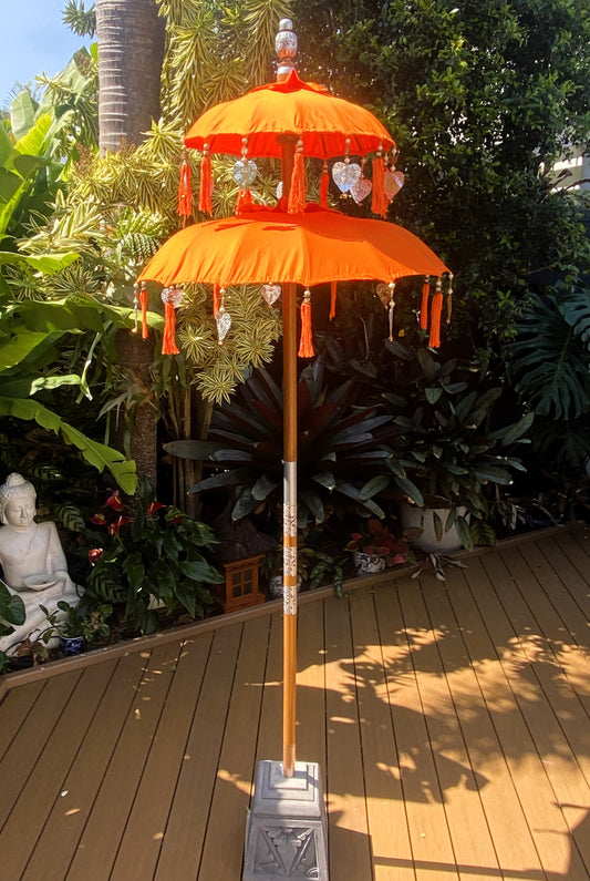 Balinese Umbrella - Orange & Silver - Double ( 2 pc Teak stick)