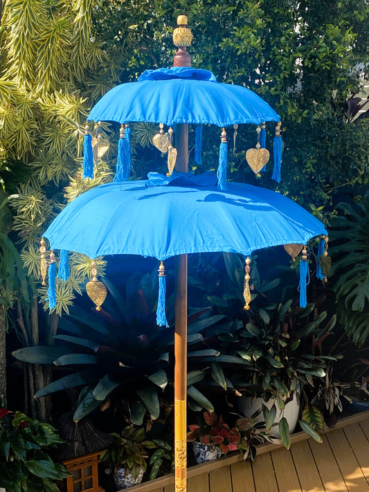 Balinese Umbrella - Turquoise & Gold - Double ( 2 pc Teak stick)