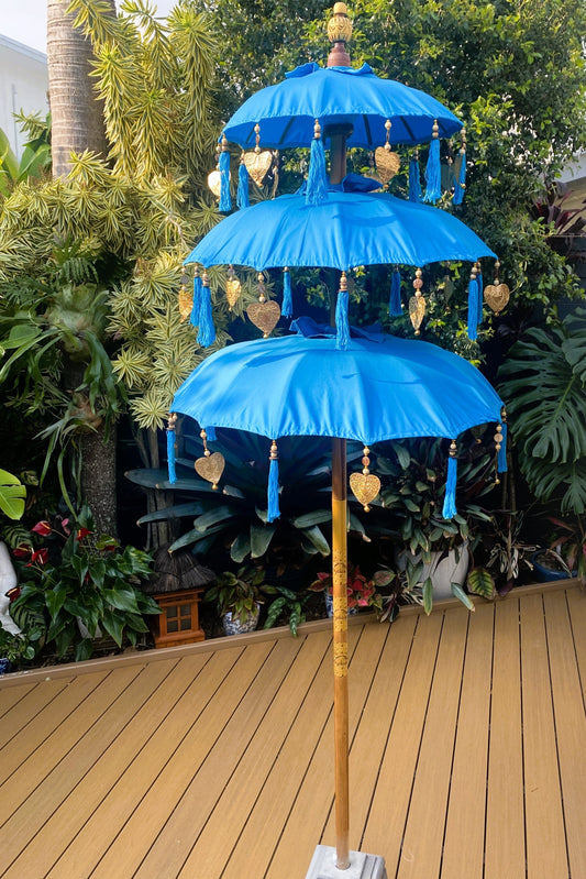Balinese Umbrella - Turquoise & Gold - Triple ( 2 pc Teak stick)