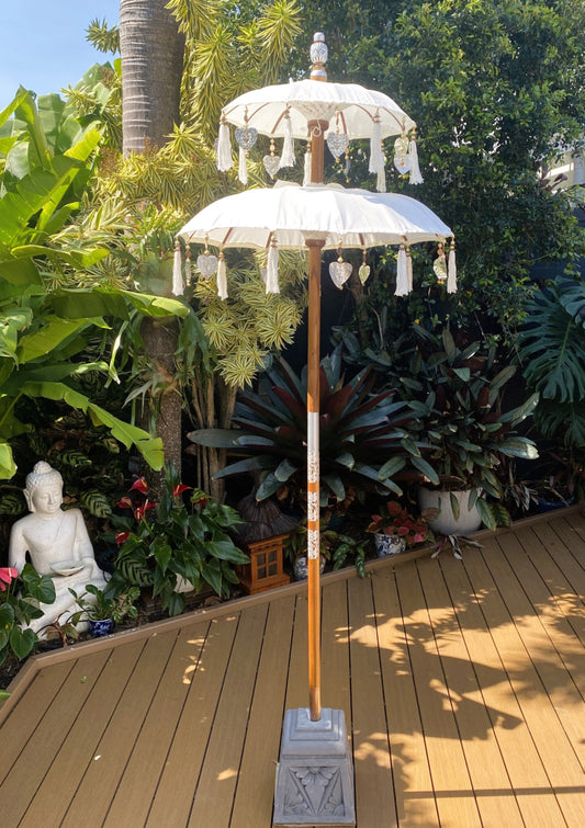 Balinese Umbrella - Off White & Silver - Double ( 2 pc Teak stick)