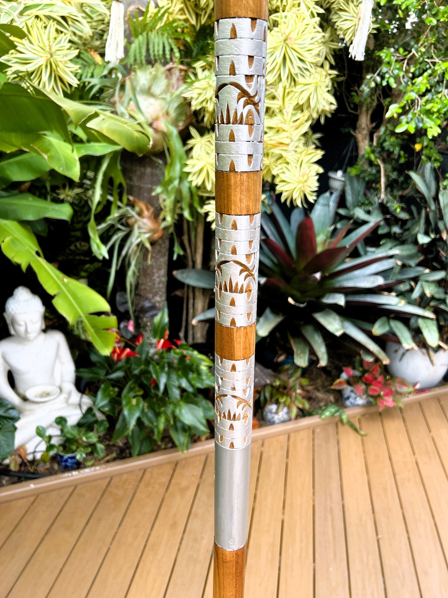Balinese Umbrella - Off White & Silver - With Pattern ( 2 pc Teak stick)