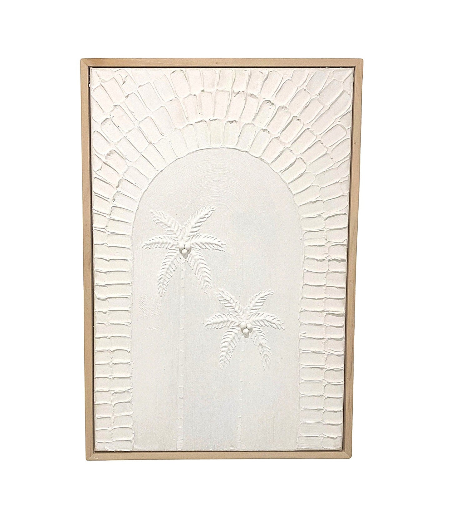 Decorative textured artwork of twin white palm trees with a timber frame on a white background