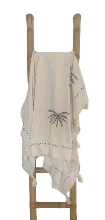Palm Whisper Throw Rug - Off White and Grey Stitching
