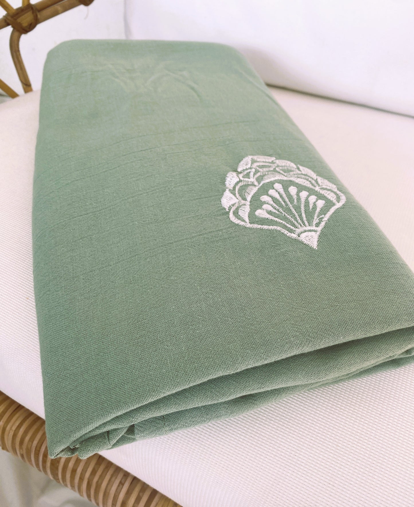 Shell Drift- Lightweight Embroidered Throw Rug - Sage Green