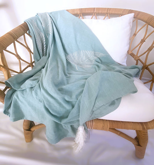 Lightweight Throw Rug - Embroidered Silver Fern - Dusty Blue