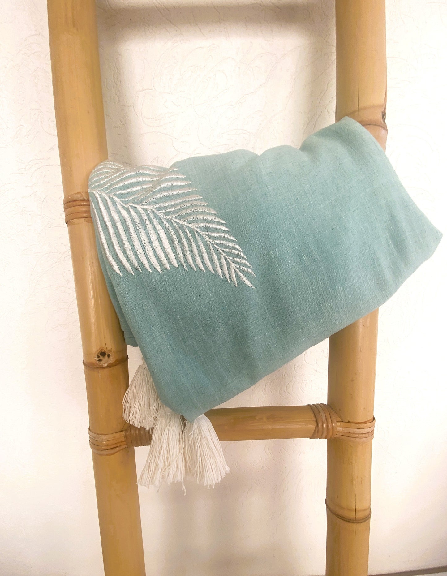 Lightweight Throw Rug - Embroidered Silver Fern - Dusty Blue