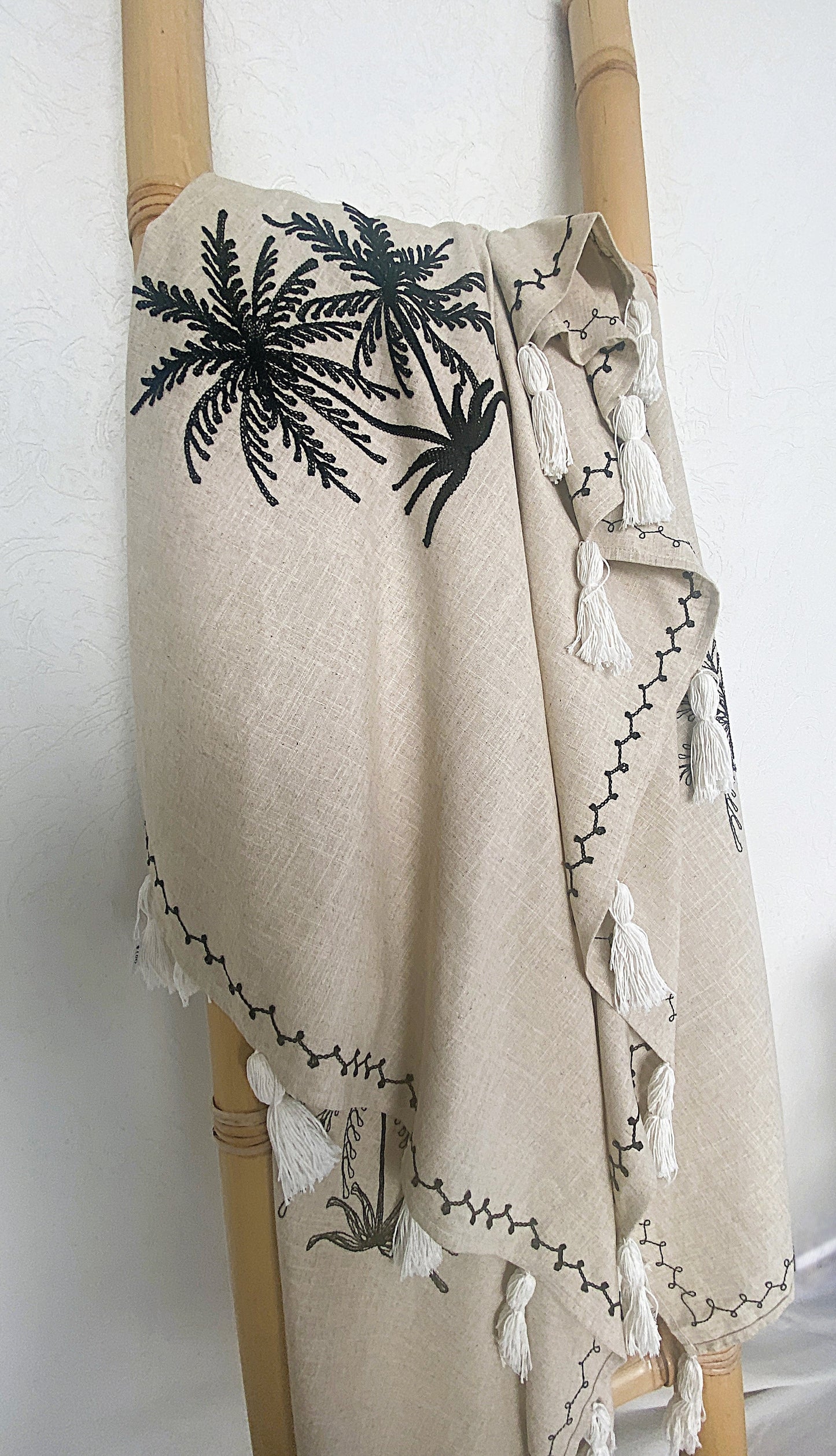 Island Palms - Black Embroidered - Natural Cotton Throw Rug
