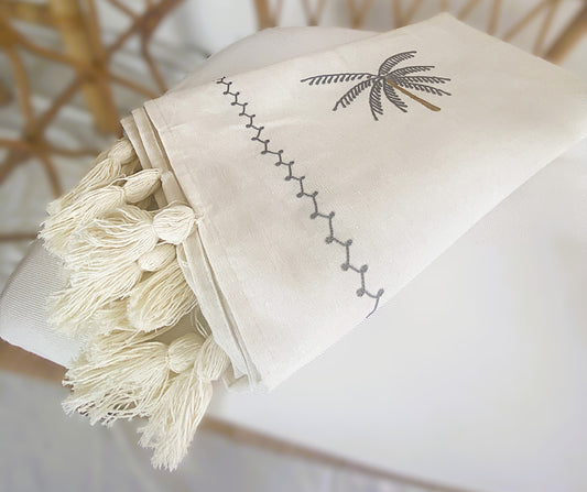 Palm Whisper Throw Rug - Off White and Grey Stitching