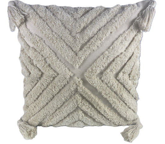 Thick Woven Textured Cotton Cushion Cover with Fringe Patterns and Tassels. Coastal Boho Homewares