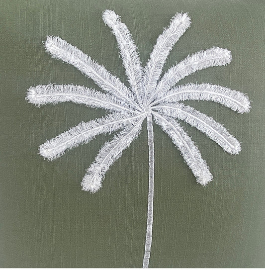 Linen cotton blend- close up view - olive green - soft embroidered palm - hand made - 50x50 - palm soft