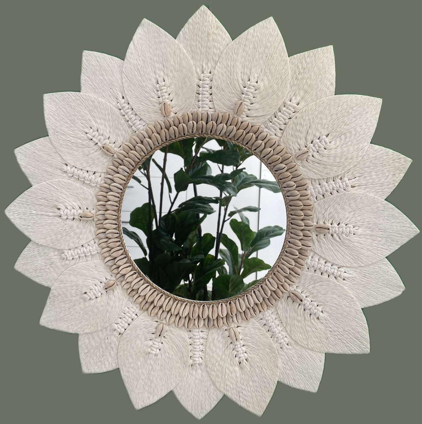 Macrame and Shell Mirror - White - 42cm