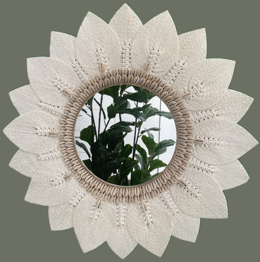 Macrame and Shell Mirror - White - 42cm