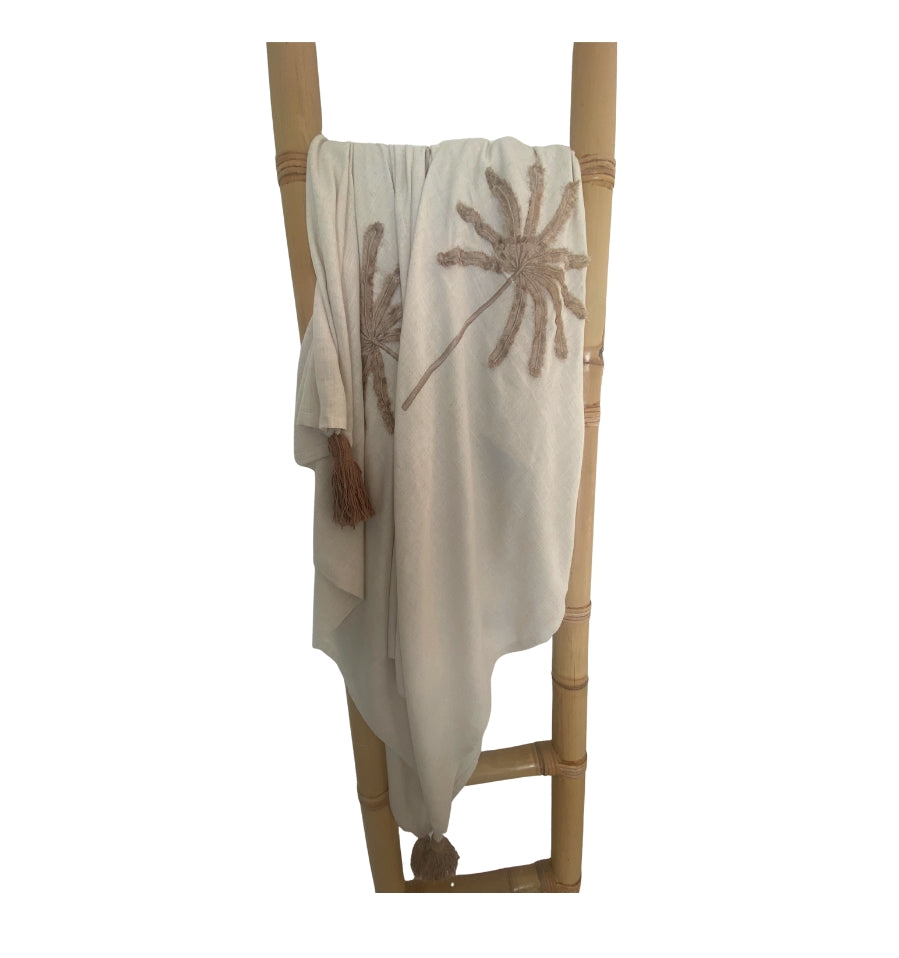 Island Grace Lightweight Throw - Embroidered Palm - Natural & Chocolate