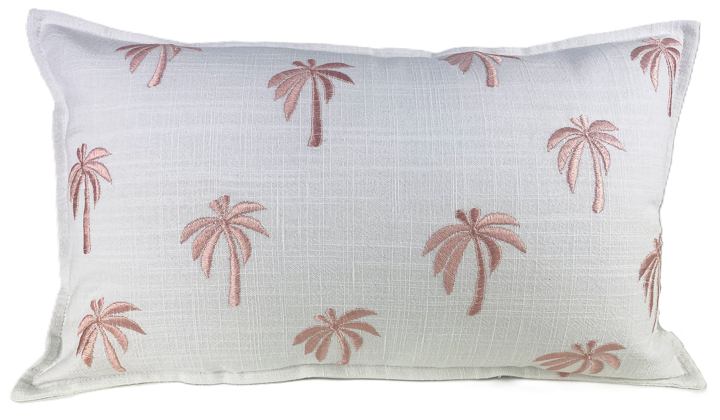 White cushion cover with multiple pink embroidered palm tree pattern