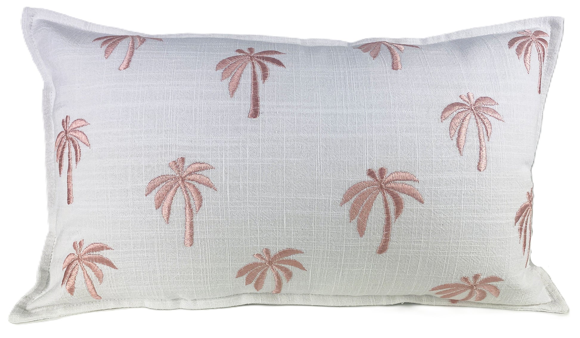 White cushion cover with multiple pink embroidered palm tree pattern