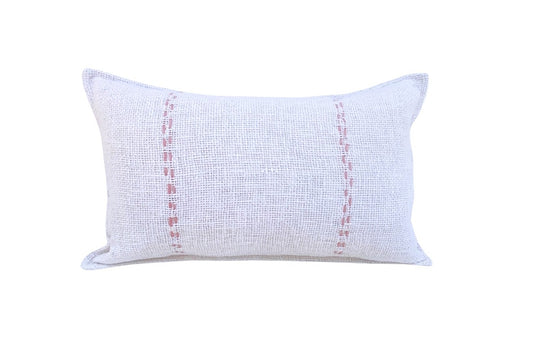 Soft Cotton Weave Fringe - Cushion Cover - White & Pink Stitch- 30x50cm