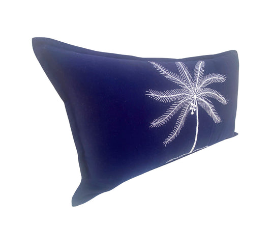 Palm Drift - Navy and White Embroidered Cushion Cover 30x50cm