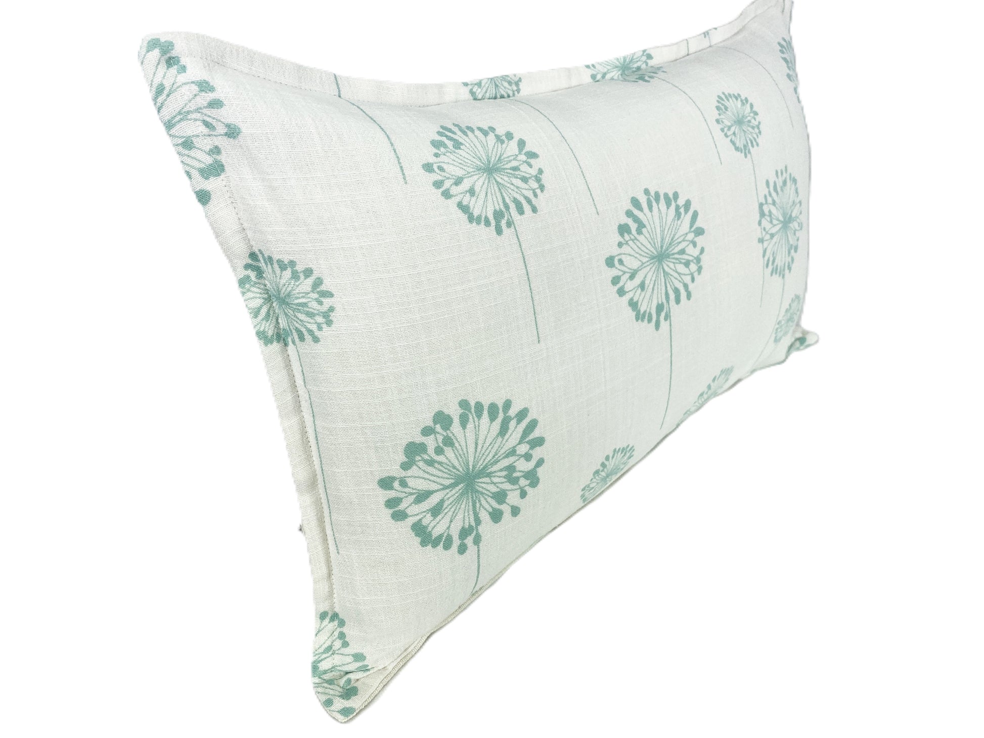 White linen cotton blend cushion cover with aqua floral patterns on a white background side view 50x30cm
