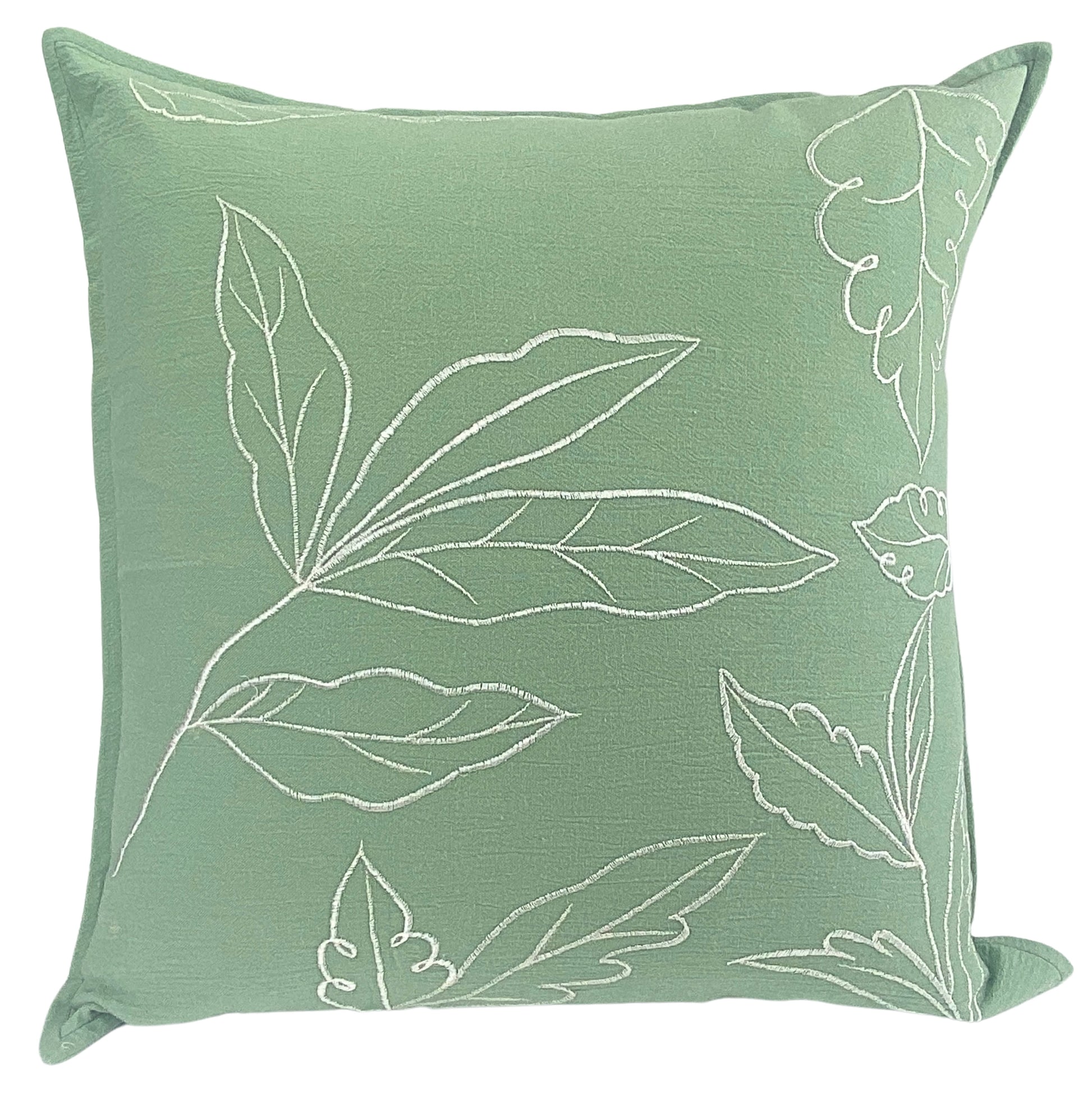 Green 50x50cm Cushion with white leaf patterns on a Sage Green background