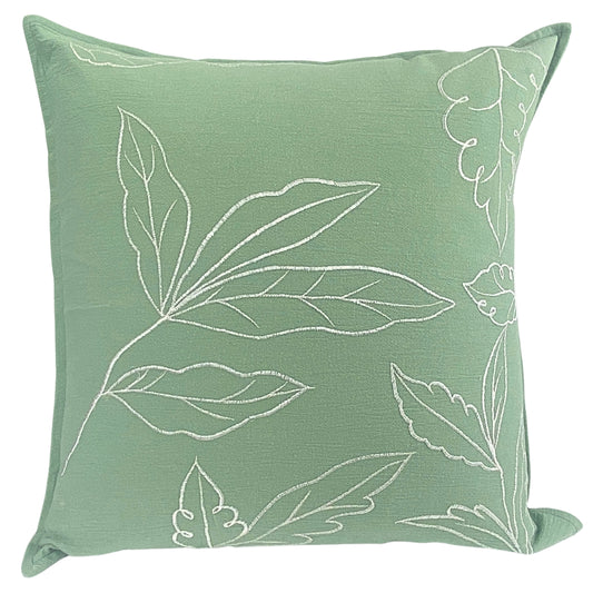Green 50x50cm Cushion with white leaf patterns on a Sage Green background