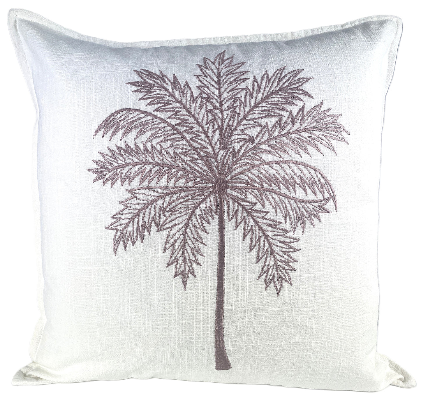 White Linen Blend 50x50cm Cushion Cover with Dusty Pink Palm Tree Embroidered Motif