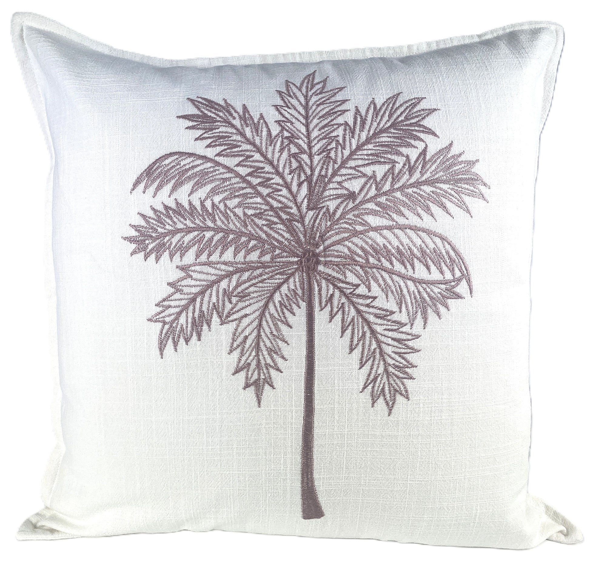 White Linen Blend 50x50cm Cushion Cover with Dusty Pink Palm Tree Embroidered Motif