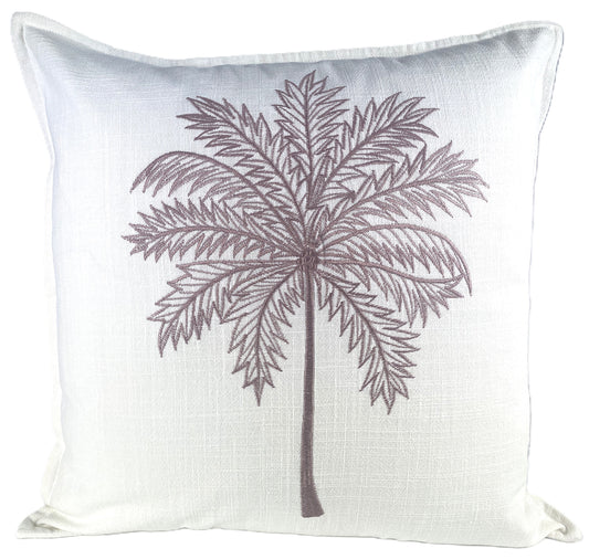 White Linen Blend 50x50cm Cushion Cover with Dusty Pink Palm Tree Embroidered Motif