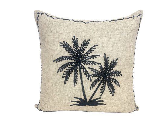 Natural cushion with black twin palm trees embroidered full view