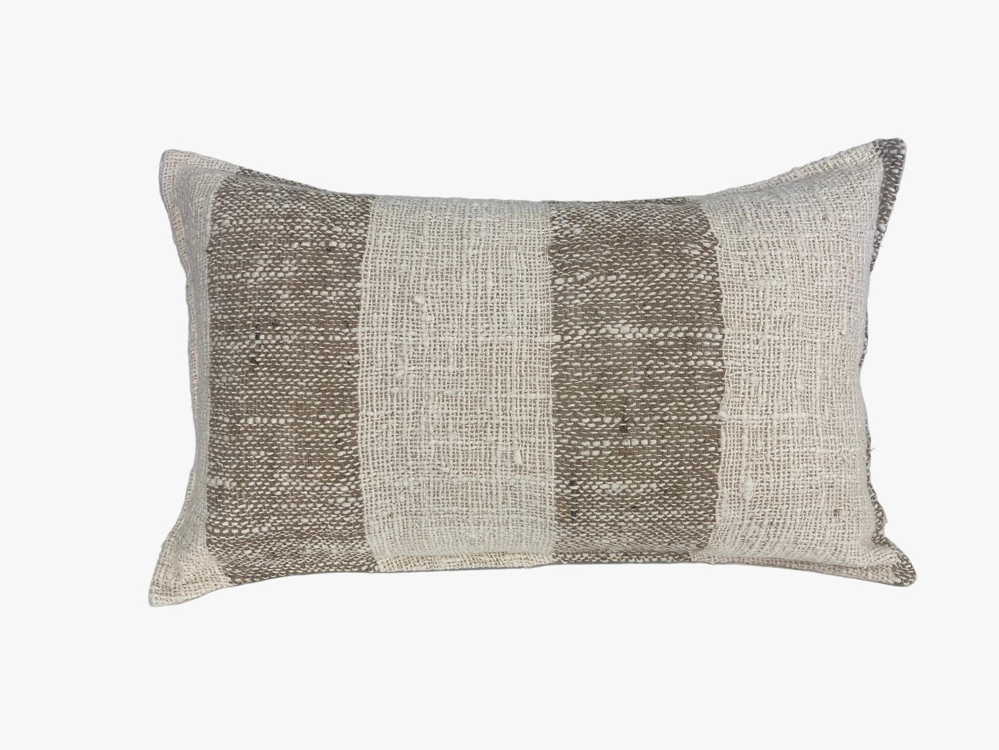 Textured Raw Cotton Cushion With Horizontal Stripes On An Off White Background