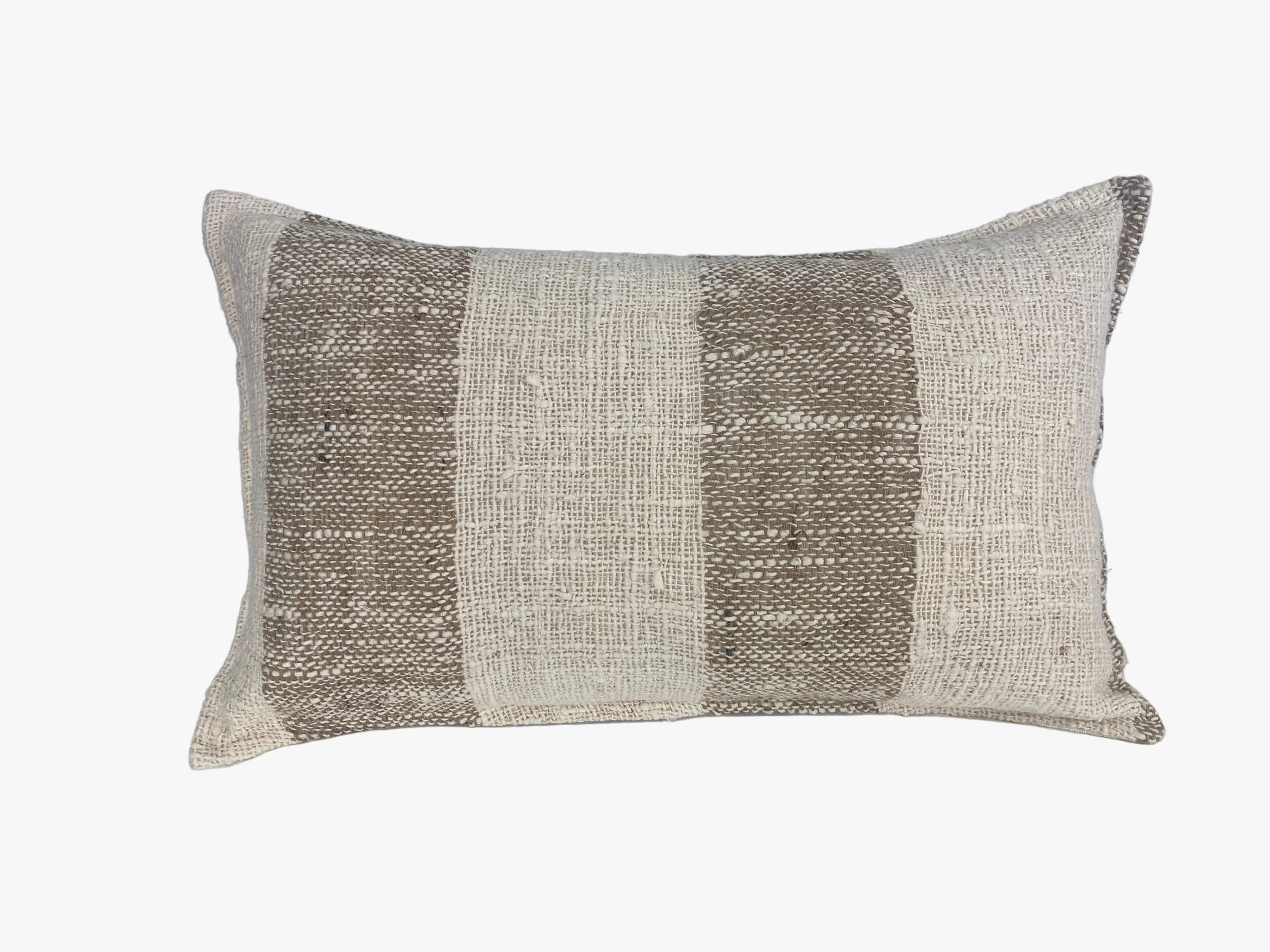 Textured Raw Cotton Cushion With Horizontal Stripes On An Off White Background