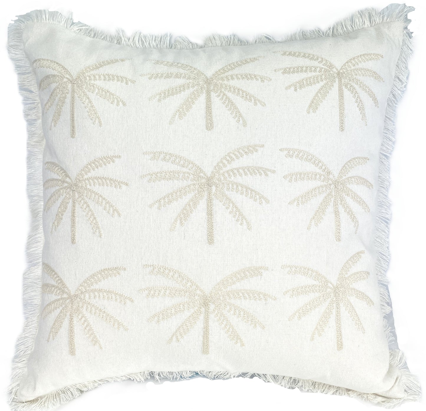 Palm Whisper 40x40cm Cushion Cover White Cotton Blend Textured with Fringe