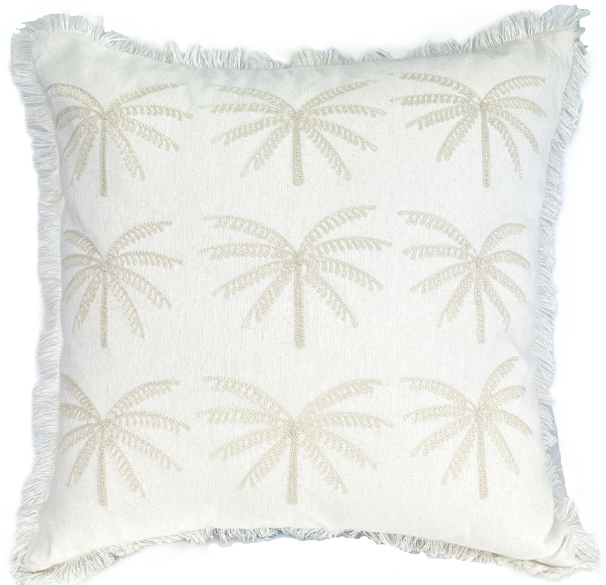 Palm Whisper 40x40cm Cushion Cover White Cotton Blend Textured with Fringe