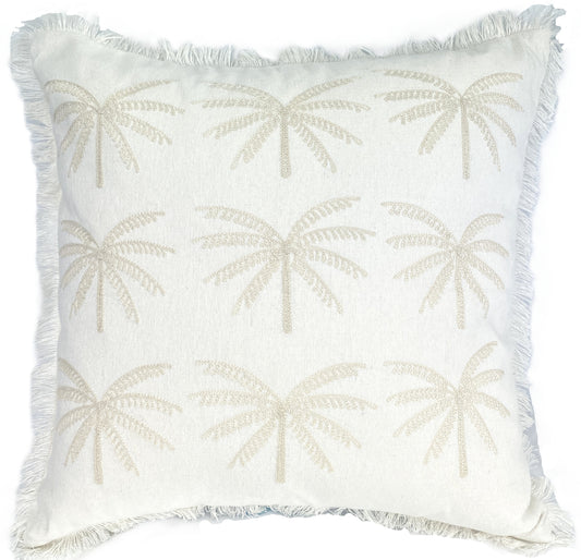 Palm Whisper 40x40cm Cushion Cover White Cotton Blend Textured with Fringe