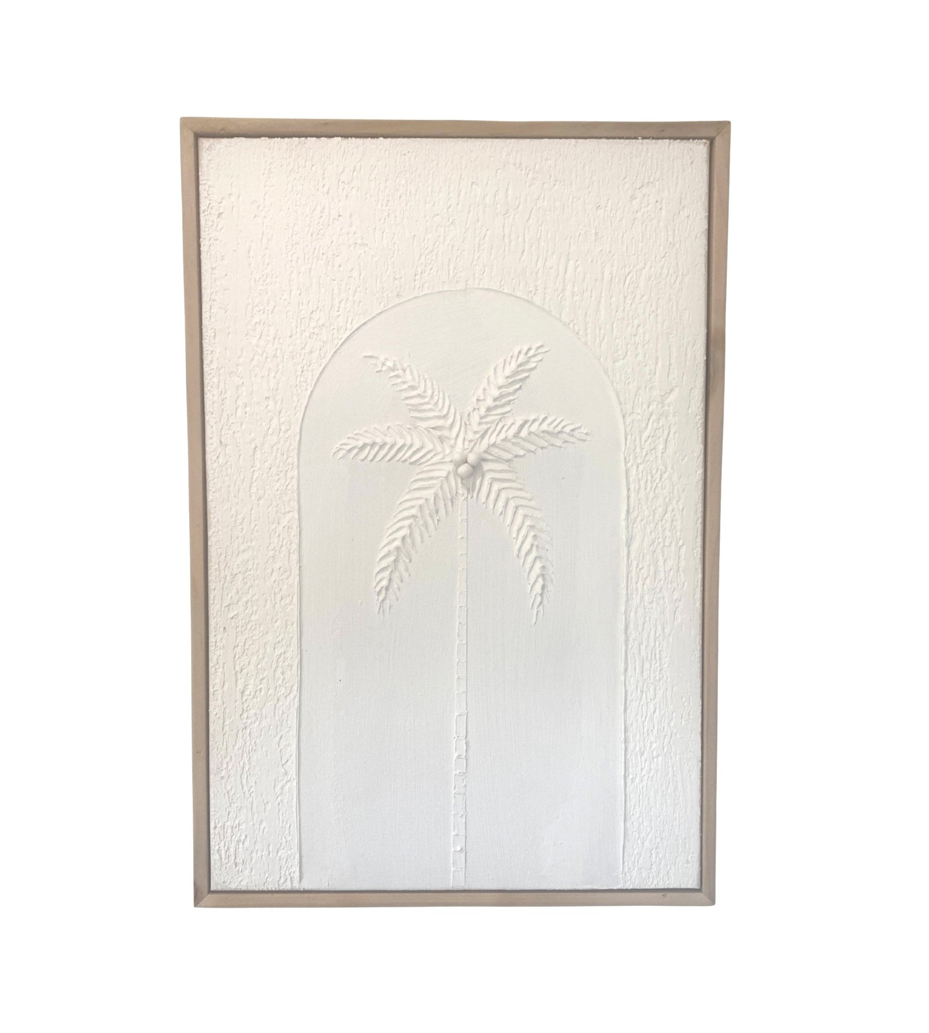 Framed textured artwork with a white palm tree design on a textured white background