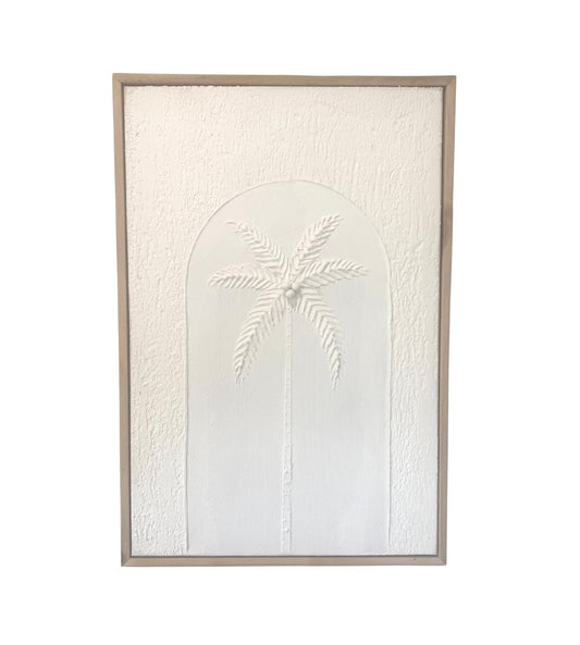 Framed textured artwork with a white palm tree design on a textured white background