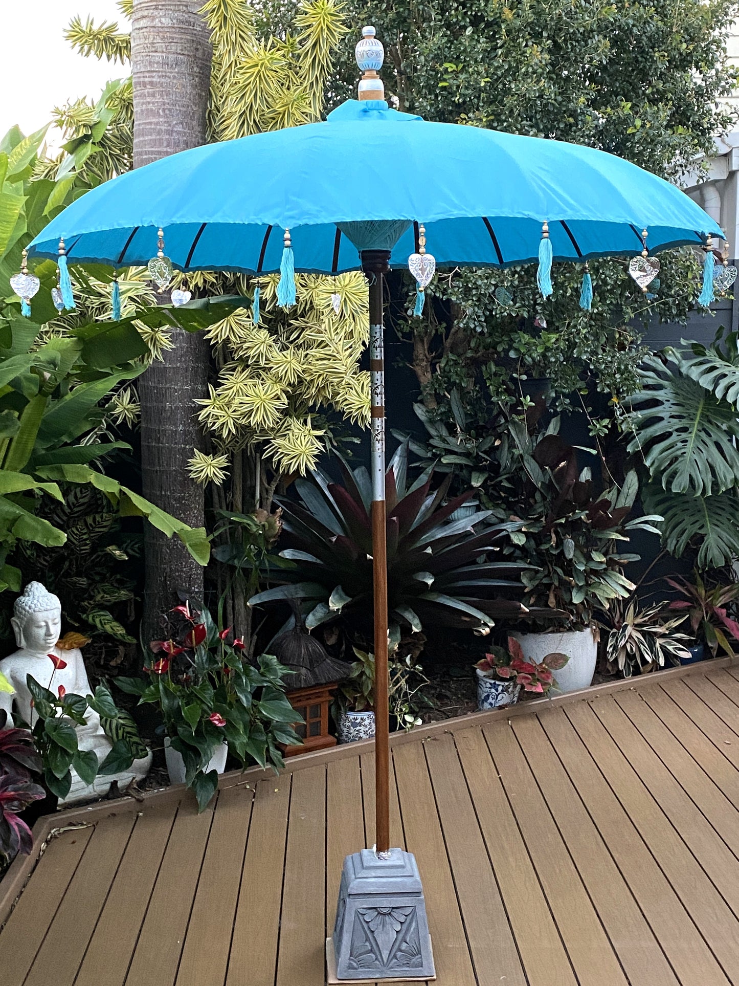 Balinese Umbrella - Aqua Blue & Silver     ( 2 pc Teak stick)