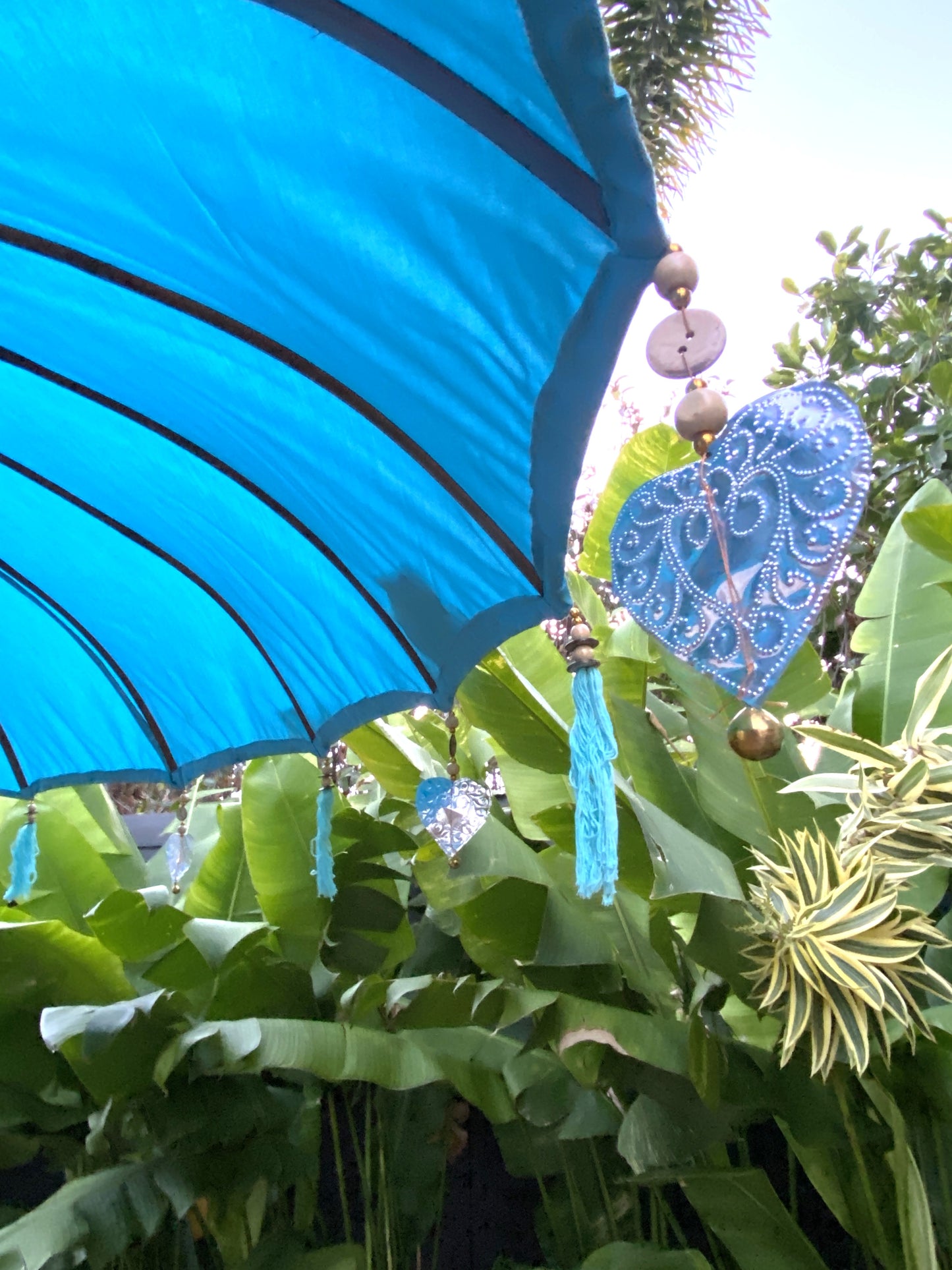 Balinese Umbrella - Aqua Blue & Silver     ( 2 pc Teak stick)