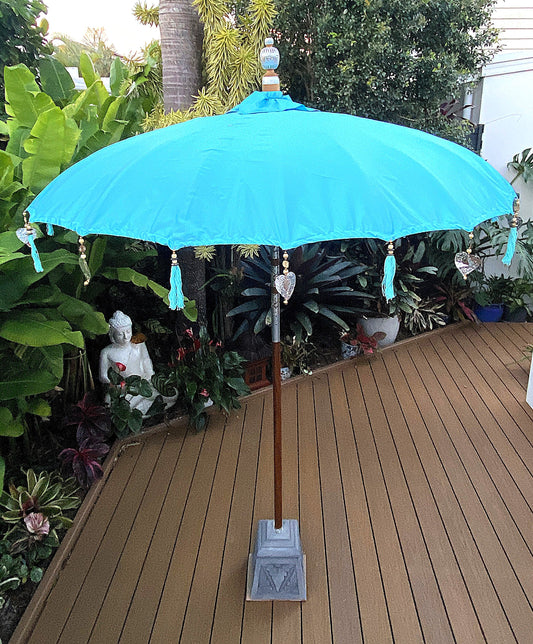 Balinese Umbrella - Aqua Blue & Silver     ( 2 pc Teak stick)