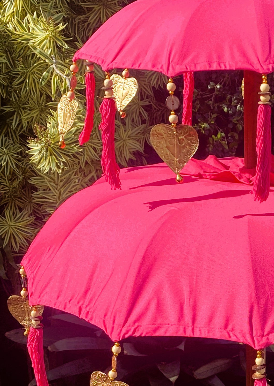 Balinese Umbrella - Pink & Gold - Double     ( 2 pc Teak stick)