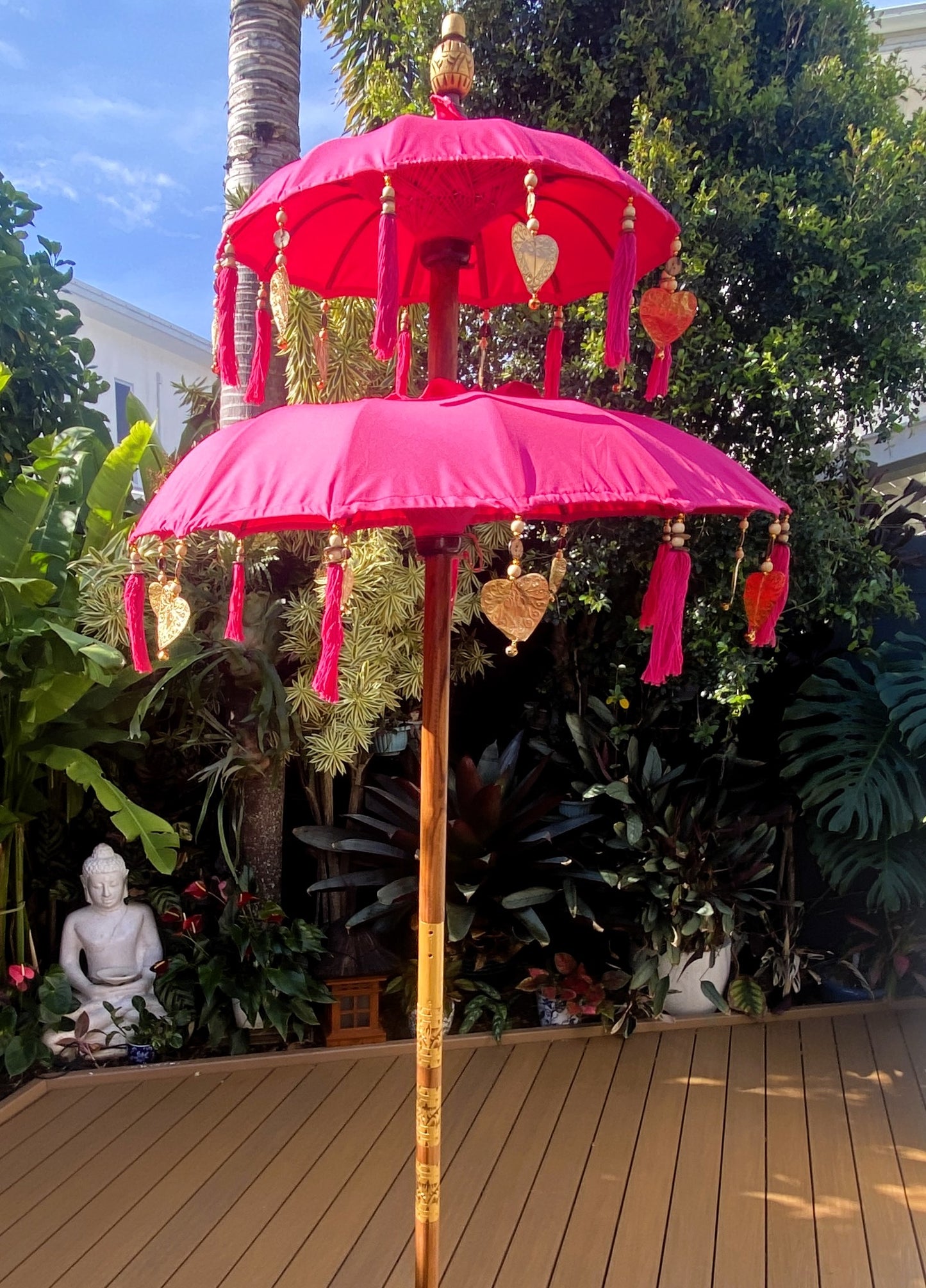 Balinese Umbrella - Pink & Gold - Double     ( 2 pc Teak stick)