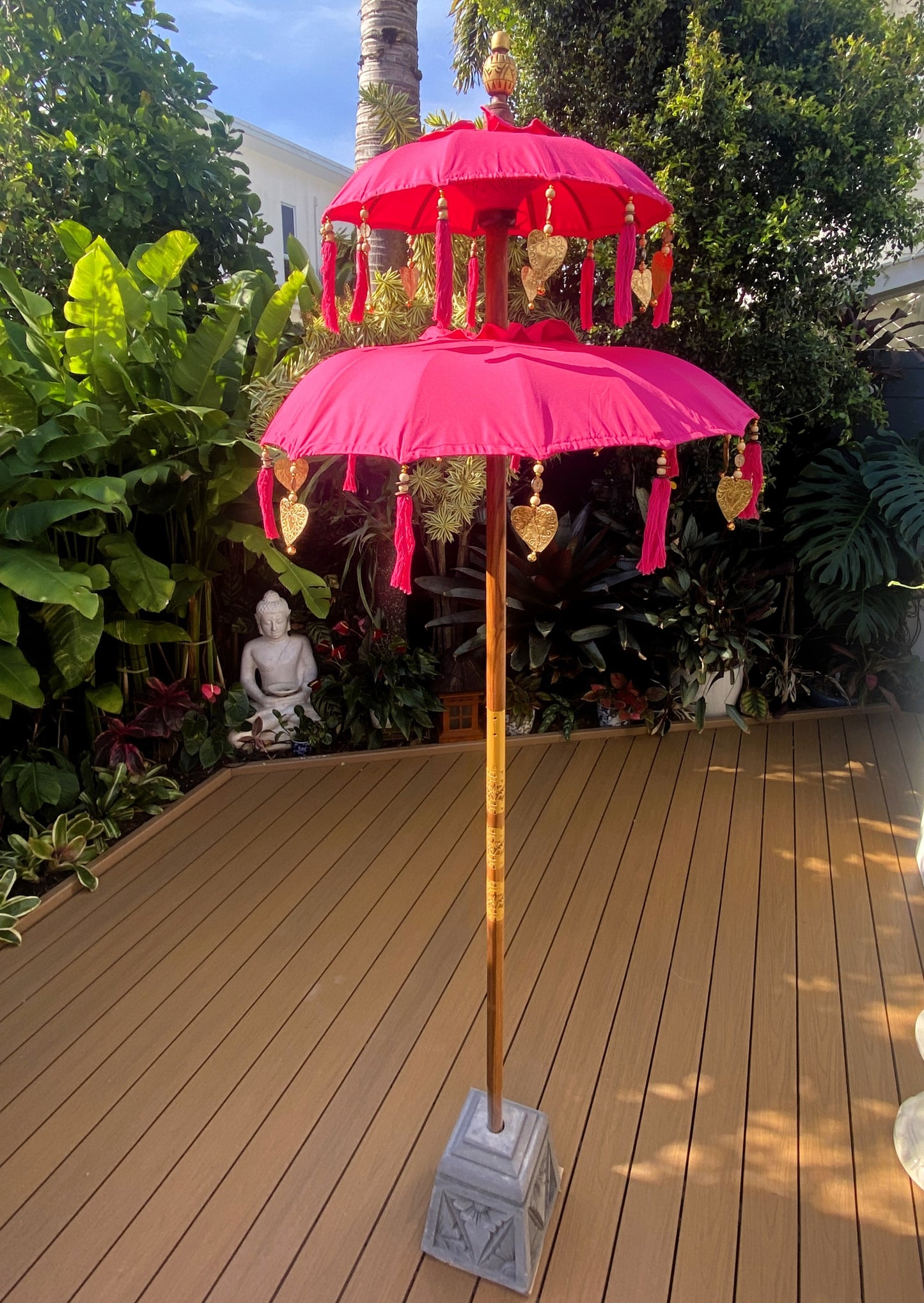 Balinese Umbrella - Pink & Gold - Double     ( 2 pc Teak stick)