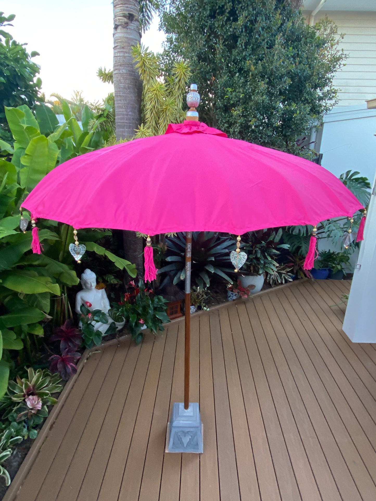 Balinese Umbrella - Pink & Silver   (2 pc Teak stick)