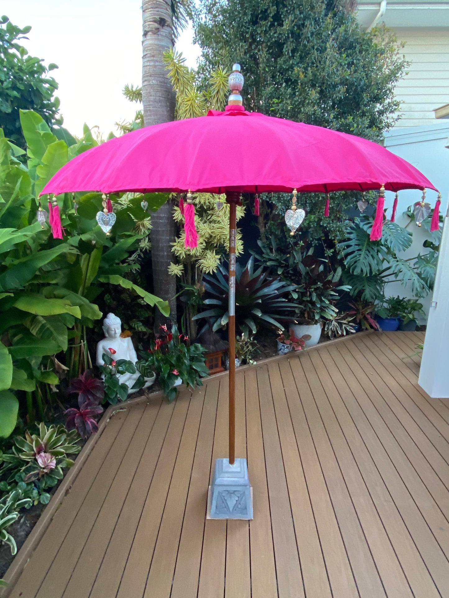 Balinese Umbrella - Pink & Silver   (2 pc Teak stick)