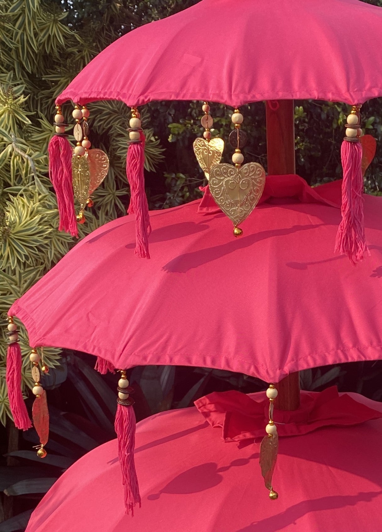 Balinese Umbrella - Pink & Gold - Triple     ( 2 pc Teak stick)