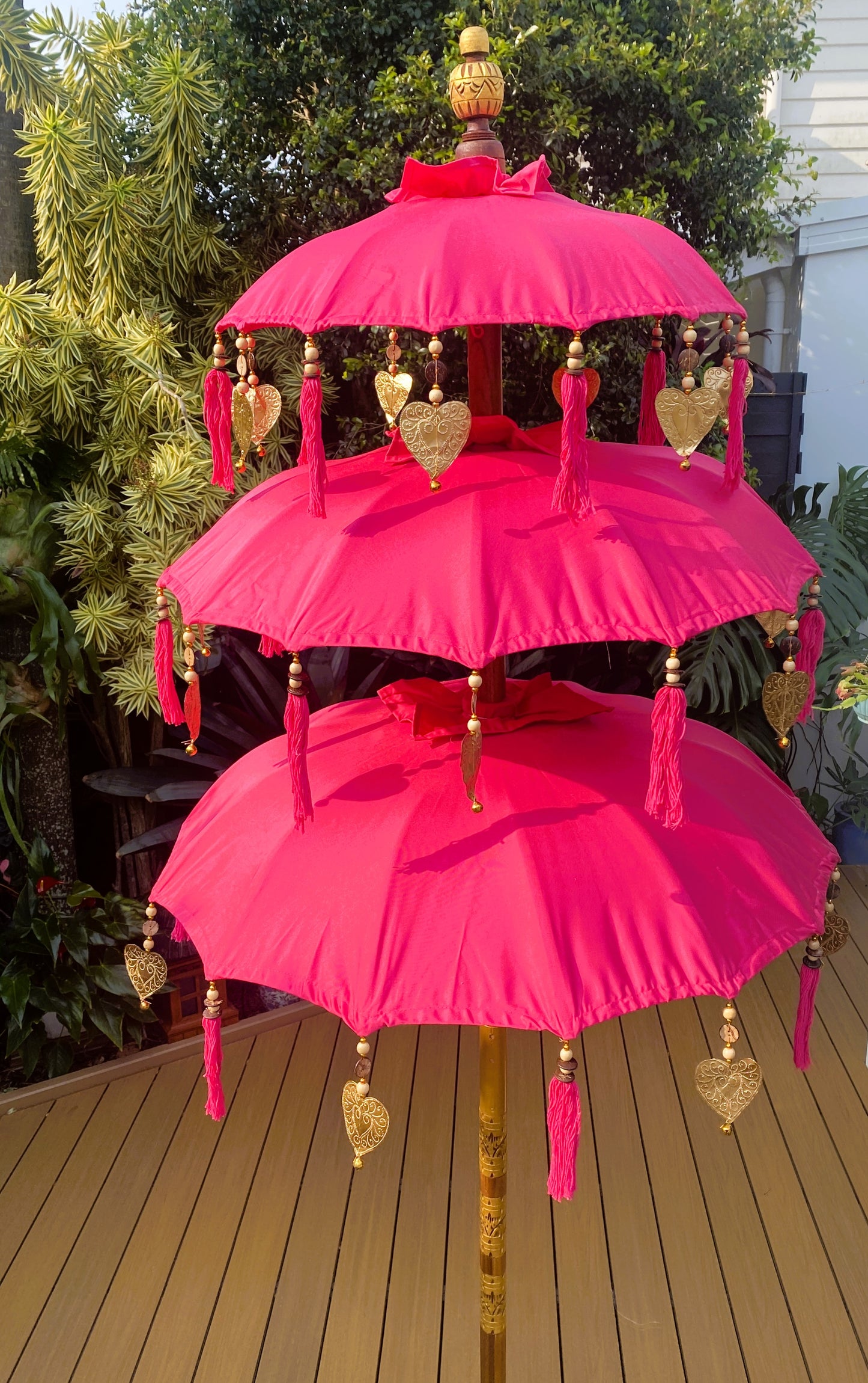Balinese Umbrella - Pink & Gold - Triple     ( 2 pc Teak stick)